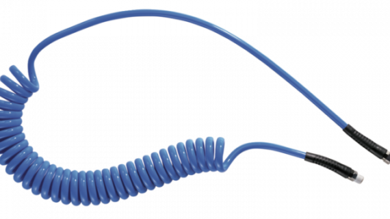 Tuyau spiralé polyuréthane équipé de raccords mâles fixe et rotatif