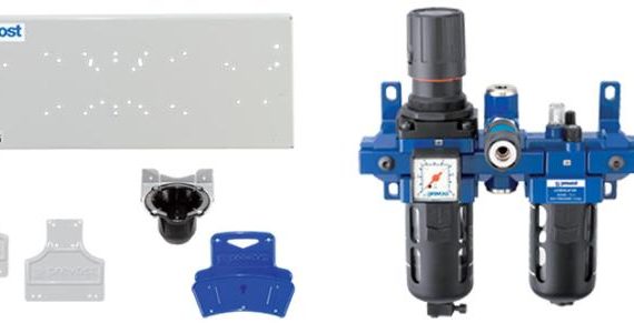 Ensemble avec platine de support, FRL avec sortie sèche, porte-outil et porte-tuyau