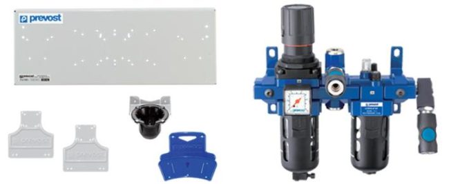 Ensemble avec platine de support, FRL avec sortie sèche, porte-outil et porte-tuyau
